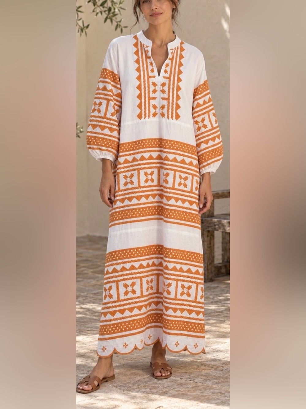 NWT Julia Amory Orange & White Embroidered Scalloped Hem Maxi Caftan Dress Sz. L